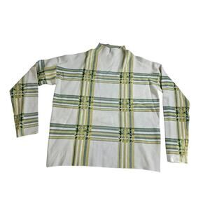 Tahari Large Womens Mock Neck Plaid Sweater Green Yellow Soft